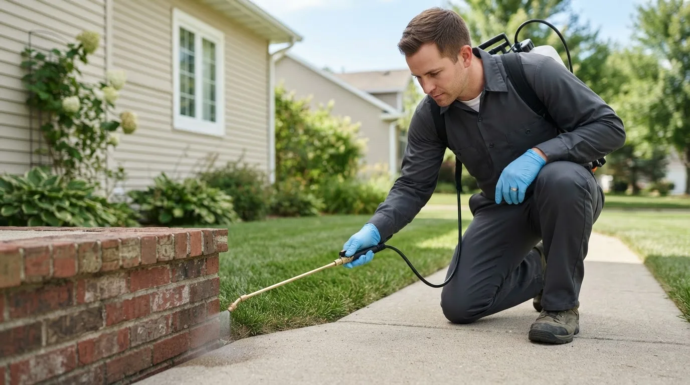 Pest control technician treating a home near La Salle, IL